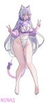  1girl absurdres animal_ear_fluff animal_ears artist_name blue_eyes breasts colored_inner_hair double_v full_body gradient_tail grey_hair hair_between_eyes hare_(honkai_impact) highres honkai_(series) honkai_impact_3rd leotard long_hair looking_at_viewer medium_breasts multicolored_hair multicolored_leotard ninai open_mouth purple_nails sidelocks simple_background solo tail thighs v very_long_hair white_background white_hair 