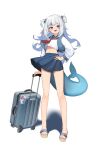  1girl :d absurdres blue_eyes blue_hair fins fish_tail full_body gawr_gura hand_on_own_hip highres hololive hololive_english long_hair looking_at_viewer midriff multicolored_hair nail_polish nanana_narang navel pleated_skirt rolling_suitcase sandals school_uniform serafuku shark_tail sharp_teeth simple_background skirt smile solo streaked_hair suitcase tail teeth toenail_polish toenails two_side_up virtual_youtuber white_background 