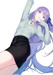  1girl arm_up belt black_skirt blue_eyes blue_ribbon breasts coffeekite detached_collar fate/extra fate/extra_ccc fate/grand_order fate_(series) hair_ribbon highres long_hair long_sleeves looking_at_viewer meltryllis_(fate) pencil_skirt purple_hair ribbon shirt skirt small_breasts solo thighs tongue tongue_out very_long_hair white_shirt 