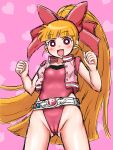  1girl akazutsumi_momoko belt blush breasts cameltoe gem heart highres hyper_blossom jacket jewelry leotard long_hair magical_girl orange_hair pink_background powerpuff_girls_z prettyspectrum red_eyes red_leotard small_breasts smile solo tight_clothes 