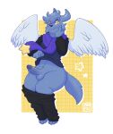  anthro big_penis blue_body bottomwear clothed clothed/nude clothing dragon fluffy_belly genitals hi_res hoodie horn male mooexe nervous nude pants penis razz_(blue_kiwis) scarf solo star star_eyes sweater sweatpants thick_thighs topwear wide_hips wings yellow_eyes 