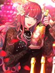  1other anne_faulkner bae_(paradox_live) black_dress dress highres long_hair long_sleeves looking_at_viewer official_alternate_costume official_art one_eye_closed paradox_live petals pink_hair pink_nails red_lips rose_petals yellow_eyes 