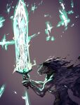  bloodborne cape from_side glowing glowing_sword glowing_weapon greatsword highres holding holding_sword holding_weapon horse_boy long_hair ludwig_the_accursed monster monster_boy moonlight_greatsword open_mouth solo sword teeth weapon yourfreakyneighbourh 