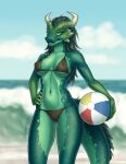  absurd_res anthro ball beach breasts clothing cute_expression dragon elenmory female green_body green_skin hair hi_res horn lizard long_hair nipples pinup pose reptile scales scalie sea seaside solo swimwear water 