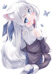  1girl absurdres animal_ear_fluff animal_ears arm_support bare_shoulders black_thighhighs blue_eyes blue_skirt breasts bug butterfly fox_ears fox_girl fox_tail from_behind full_body hair_ornament hair_ribbon head_tilt highres konagi_(konotuki) light_blush long_hair looking_at_viewer medium_breasts mouth_hold one_side_up original pleated_skirt ribbon shirt shoes simple_background sitting skirt sleeveless sleeveless_shirt solo tail thighhighs wariza white_background white_hair white_shirt x_hair_ornament 