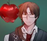  1boy apple brown_hair chinese_commentary closed_mouth collared_shirt colored_eyelashes commentary_request food fruit glasses green_background gregor_(limbus_company) grey_vest highres limbus_company low_ponytail male_focus mature_male necktie project_moon rectangular_eyewear red_necktie shirt side_ponytail solo souyizhe vest white_shirt yellow_eyes 