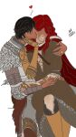  1boy 1girl armor baron_(elden_ring) cgaa07017 couple elden_ring happy hetero highres hug kiss malenia_blade_of_miquella prosthesis prosthetic_arm prosthetic_leg tarnished_(elden_ring) white_background 