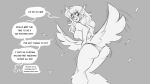  anthro avian big_butt bird breasts butt clothing english_text female greyscale human_to_anthro mid_transformation monochrome solo species_transformation speech_bubble text transformation underwear watsup 