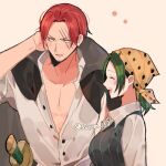  1boy 1girl artist_name bandana black_cape blush cape closed_eyes facial_hair green_hair joman makino_(one_piece) one_piece open_clothes open_mouth open_shirt red_hair scar scar_across_eye shanks_(one_piece) short_hair short_ponytail smile sword weapon 