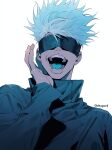  1boy artist_name black_coat blindfold blue_tongue coat colored_tongue deltapork gojou_satoru highres jujutsu_kaisen looking_at_viewer male_focus open_mouth short_hair shouting signature simple_background smile solo standing upper_body white_background 