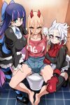  3girls absurdres bathroom blind blonde_hair blue_eyes blue_hair blunt_bangs bongfill breasts chainsaw_man colored_inner_hair commentary crossover demon_girl demon_horns gloves helltaker highres horns justice_(helltaker) long_hair looking_at_viewer multicolored_hair multiple_crossover multiple_girls necktie panty_&amp;_stocking_with_garterbelt pink_hair pink_shirt power_(chainsaw_man) red_gloves red_horns sharp_teeth shirt short_hair shorts sitting smile spread_legs stocking_(psg) striped striped_thighhighs teeth thighhighs toilet two-tone_hair white_hair yellow_eyes 