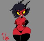  2022 big_breasts black_hair breasts clothing demon demon_humanoid female hair helluva_boss hi_res horn humanoid imp millie_(helluva_boss) nipples nsfwtheodore open_mouth panties red_body simple_background smile solo teeth thick_thighs underwear yellow_sclera 