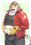  2023 anthro belly blue_eyes blush bottomwear bulge clothing felid hi_res humanoid_hands kemono male mammal overweight overweight_male pantherine pants ryuta-h shirt simple_background solo tiger topwear 