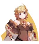  1girl blonde_hair breasts citrinne_(fire_emblem) cleavage cleavage_cutout closed_mouth clothing_cutout dress feather_hair_ornament feathers fire_emblem fire_emblem_engage gem gold_trim hair_ornament highres jewelry looking_to_the_side novembertimex portrait red_eyes short_hair solo white_background 