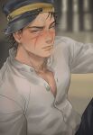  1boy absurdres bara black_hair black_pants blush brown_eyes golden_kamuy hat highres large_pectorals looking_at_viewer male_focus military_hat muscular muscular_male pants pectorals scar scar_on_cheek scar_on_face scar_on_mouth scar_on_nose shirt short_hair solo sugimoto_saichi tzpx7253 white_shirt 