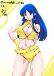  1girl blue_hair breasts cleavage crop_top dated dirty_pair earrings gloves green_eyes jewelry long_hair looking_at_viewer midriff nafta navel signature simple_background solo white_background yellow_gloves yuri_(dirty_pair) 