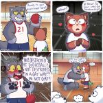 anthro ball canid canine canis clothed clothing cover cover_art cover_page curley_(ohmygoditguppy) cute_expression domestic_cat duo felid feline felis flushed hi_res male male/male mammal ohmygoditguppy red_ball speech_bubble sportswear terry_(ohmygoditguppy) wolf 