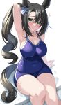  1girl animal_ears arm_behind_head black_hair blue_one-piece_swimsuit blush breasts cleavage closed_mouth commentary_request covered_navel green_eyes highres horse_ears horse_girl horse_tail kibihimi large_breasts long_hair looking_at_viewer one-piece_swimsuit satono_crown_(umamusume) side_ponytail simple_background sitting smile solo swimsuit tail thighs tracen_swimsuit umamusume wet wet_clothes wet_swimsuit white_background 