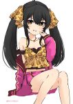  1girl animal_print arm_support black_hair flat_chest hair_between_eyes hand_up heart heart_necklace highres idolmaster idolmaster_cinderella_girls invisible_chair jacket jewelry legs leopard_print long_hair long_sleeves matoba_risa miniskirt navel necklace open_clothes open_jacket pink_jacket pink_skirt ribbon roccamoya shirt sidelocks sitting skirt solo strap_slip tank_top thighs twintails twitter_username white_background yellow_ribbon yellow_shirt 