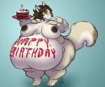  2023 anthro barefoot big_breasts biped blue_background breasts brown_hair cake canid canine dessert feet female food fox hair hanazawa holding_food holding_object mammal nude obese obese_anthro obese_female overweight overweight_anthro overweight_female plate simple_background solo standing 