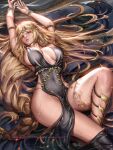 1girl armlet black_dress blonde_hair bracelet braid breasts circlet cracked_skin dress elden_ring highres jewelry large_breasts liang_xing lips long_hair looking_at_viewer parted_lips queen_marika_the_eternal solo thighlet very_long_hair yellow_eyes 