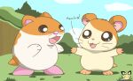  2021 cricetid dialogue duo feral fur grass hamster hamtaro hamtaro_(series) kirby_(series) male mammal nintendo orange_body orange_fur pichu90 plant rick_(kirby) rodent signature whiskers white_body white_fur 