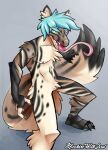  2019 anteater anthro biped black_body blue_hair brown_body chest_tuft claws eyebrows featureless_crotch hair long_tongue machinewithsoul male mammal multicolored_body navel nipples nude open_mouth pilosan plantigrade simple_background solo standing teeth toe_claws tongue tongue_out tuft white_body xenarthran 
