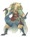  3mohu anthro armor barefoot capcom claws clothing fanged_wyvern feet fur hi_res katana male melee_weapon monster_hunter samurai_armor simple_background solo sword sword_sheath tuft weapon white_background white_body white_fur zinogre 