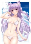  1girl absurdres animal_ear_fluff animal_ears arm_up bare_arms bare_shoulders bikini bikini_pull breasts cameltoe cat_ears cat_girl cat_tail character_request clothes_pull cloud cloudy_sky collarbone cowboy_shot day highres holding_own_tail indie_virtual_youtuber light_blush light_purple_hair long_hair looking_at_viewer medium_breasts navel out_of_frame outdoors parted_lips pink_eyes pulled_by_self side-tie_bikini_bottom sky solo standing stomach strap_pull string_bikini swimsuit tail thigh_gap two_side_up white_bikini yuzuki_yuki_(another_yuki) 