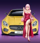  1girl albyee bare_shoulders collarbone commission crossed_legs darling_in_the_franxx dress english_commentary green_eyes hairband high_heels horns legs long_hair looking_at_viewer mercedes-benz_amg_gt pink_hair purple_background red_dress red_footwear signature smile solo straight-on strapless strapless_dress strappy_heels vehicle_focus very_long_hair white_hairband zero_two_(darling_in_the_franxx) 