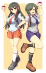  2girls alternate_costume black_footwear black_hair black_socks blunt_bangs blunt_ends breast_pocket breasts brown_bag brown_eyes brown_footwear cosplay holding holding_poke_ball large_breasts mai_(senran_kagura) multicolored_hair multiple_girls naranja_academy_(emblem) naranja_academy_school_uniform necktie open_mouth orange_necktie orange_shorts pocket poke_ball poke_ball_(basic) pokemon pokemon_(game) pokemon_sv purple_necktie purple_shorts red_eyes school_uniform senran_kagura short_hair shorts smile socks standing standing_on_one_leg streaked_hair striped striped_shorts tsubaki_(senran_kagura) uva_academy_school_uniform vertical-striped_shorts vertical_stripes white_socks zetsumu 