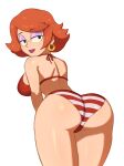  1girl american_dad! ass barleyshake bikini earrings eyeshadow from_behind gina_(american_dad!) half-closed_eyes highres hoop_earrings jewelry leaning_forward makeup orange_hair red_bikini shadow short_hair simple_background solo striped striped_bikini swimsuit white_background 