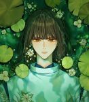  1boy 88yuushin artist_name black_hair blue_shirt blunt_bangs closed_mouth detached_sleeves flower green_eyes green_flower haku_(sen_to_chihiro_no_kamikakushi) highres japanese_clothes leaf long_sleeves looking_at_viewer looking_up lying male_focus on_back river sen_to_chihiro_no_kamikakushi shirt short_hair solo v-shaped_eyebrows vest water watermark white_flower white_vest yellow_flower 