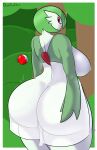  2023 areola artist_name big_breasts big_butt black_pupils border breasts butt davidsanchan digital_media_(artwork) exclamation_point exposed_breasts female forest gardevoir generation_3_pokemon green_body green_hair hair hi_res huge_breasts huge_butt humanoid looking_back motion_lines nintendo nipples outside plant pokeball pokemon pokemon_(species) pseudo_clothing pupils rear_view red_eyes side_boob signature solo standing thick_thighs throwing_pok&eacute;ball throwing_pokeball tree white_body white_border wide_hips 