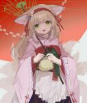  1girl absurdres animal_ear_fluff animal_ears apron arknights blonde_hair coin_purse flower fox_ears fox_girl fox_tail frilled_apron frills green_eyes hair_flower hair_ornament hairband highres holding holding_umbrella japanese_clothes kimono kitsune kyuubi miike_(992058) multiple_tails official_alternate_costume oil-paper_umbrella open_mouth pink_kimono red_hairband red_umbrella solo standing suzuran_(arknights) suzuran_(yukibare)_(arknights) tail umbrella 