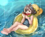  1girl blue_one-piece_swimsuit braid braided_bangs brown_eyes brown_hair commentary covered_navel crossed_legs duck_innertube eating english_commentary eyelashes fang feet food fruit full_body girutea hair_between_eyes hair_ornament holding holding_food indie_virtual_youtuber legs long_hair mocca_liebeskind on_innertube one-piece_swimsuit parted_bangs shiny_skin short_eyebrows signature skin_fang soles solo swept_bangs swimsuit thick_eyebrows thighs toes virtual_youtuber water watermelon wet x_hair_ornament 