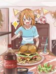  +_+ 1girl 2others ball blush burger cola cup drinking_straw food hachiya_(silica_q) highres idolmaster idolmaster_cinderella_girls indoors looking_at_food multiple_others orange_hair oversized_food oversized_object salad short_sleeves smile soccer_ball solo_focus sparkle yuuki_haru 