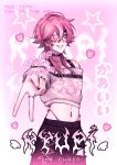  1boy black_choker black_pants character_name choker crop_top cross earrings eyepatch gyaru_v heart highres jewelry kyupi_(mih0) male_focus medium_hair mih0 multiple_earrings one_eye_covered original pants pink_background pink_eyes pink_hair pink_shirt pink_theme shirt smile solo teeth v wings 