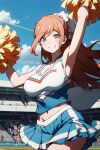  1girl ai-generated armpits cheerleader danganronpa_(series) danganronpa_3_(anime) green_eyes non-web_source pom_pom_(cheerleading) skirt sleeveless smile yukizome_chisa 