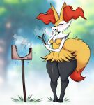  &lt;3 absurd_res anthro biped black_body blush braixen breasts eyelashes eyes_closed female fur generation_6_pokemon hi_res medium_breasts nintendo orange_body orange_fur pokemon pokemon_(species) saltyxodium solo white_body white_fur yellow_body yellow_fur 