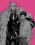  2boys black_gloves black_hair black_suit blonde_hair cowboy_shot donquixote_doflamingo earrings feather_coat gloves hand_in_pocket hand_on_another&#039;s_shoulder jewelry ji_myo long_sleeves looking_at_viewer male_focus monochrome multiple_boys necktie one_piece partially_colored pink_background shirt short_hair smile suit sunglasses third-party_source trafalgar_law white_necktie white_shirt 
