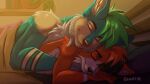  anthro canid canine canis cuddling deworse duo ebb ebb_owo flow flow_owo fox hi_res hybrid love male male/male mammal morning romantic romantic_couple wolfdog 