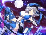  1girl armor armpits blue_eyes blush bow breasts building city city_lights cityscape cryokinesis folding_fan full_moon grey_hair hair_bow hand_fan high_heels highres huge_breasts leotard looking_at_viewer moon night night_sky official_alternate_costume official_art outdoors rooftop senran_kagura senran_kagura_new_link senran_kagura_shinovi_versus short_hair sky skyline skyscraper solo star_(sky) starry_sky tower underbust yaegashi_nan yumi_(senran_kagura) 