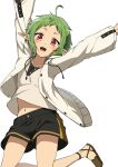  1girl absurdres ahoge arms_up black_shorts commentary elf green_hair highres hood hooded_jacket jacket jumping mushoku_tensei navel outstretched_arms pointy_ears red_eyes shirt short_hair shorts solo sylphiette_(mushoku_tensei) tuzikage white_jacket white_shirt 