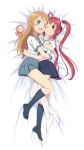  2girls :d ;) absurdres ahoge bed_sheet blue_eyes blue_skirt blue_socks blush bow brown_hair closed_mouth collared_shirt dakimakura_(medium) date_a_live fang from_above full_body grey_sailor_collar grey_skirt hair_bow highres hug itsuka_kotori kousaka_kirino kousaka_kirino&#039;s_school_uniform long_hair lying miniskirt multiple_girls neckerchief on_side one_eye_closed open_mouth ore_no_imouto_ga_konna_ni_kawaii_wake_ga_nai pleated_skirt purple_neckerchief raizen_high_school_uniform red_eyes red_hair sailor_collar sailor_shirt scarletsky school_uniform serafuku shirt skirt smile socks straight_hair taketatsu_ayana thighhighs twintails very_long_hair voice_actor_connection white_bow white_shirt white_thighhighs yuri zettai_ryouiki 