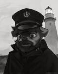  anthro facial_hair hi_res keith_(marsminer) male mammal marsminer meme monochrome mustelid otter solo the_lighthouse 