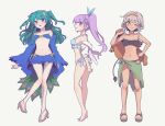  3girls animal_ears bare_shoulders barefoot bikini blue_bikini blue_coat blue_eyes blue_shorts blunt_bangs blunt_ends blush breasts brown_bikini brown_hair coat fake_animal_ears full_body green_hair hand_up high_heels holding holding_clothes jacket long_hair long_sleeves looking_at_viewer manaka_non medium_breasts mole mole_under_mouth multiple_girls navel nojima_minami off_shoulder open_clothes open_coat open_mouth peacock_feathers pretty_(series) pripara purple_hair rabbit_ears sandals sarong short_hair short_hair_with_long_locks shorts simple_background small_breasts smile standing swimsuit taiyou_pepper tan tsukikawa_chiri two_side_up unworn_jacket white_background white_jacket yellow_eyes 