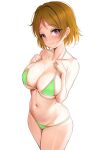  1girl absurdres bikini blush breasts brown_hair closed_mouth collarbone green_bikini hands_up highres koizumi_hanayo large_breasts looking_at_viewer love_live! love_live!_school_idol_project minted navel purple_eyes short_hair simple_background skindentation smile solo stomach swimsuit white_background 