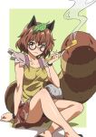  1girl :3 animal_ears border breasts brown_eyes brown_hair brown_shirt brown_skirt closed_mouth flip-flops futatsuiwa_mamizou glasses gourd green_background gyouza_(mhea5724) highres holding holding_smoking_pipe kiseru leaf leaf_on_head looking_at_viewer raccoon_ears raccoon_girl raccoon_tail sandals shirt short_hair short_sleeves sitting skirt smoking_pipe solo tail touhou white_border 