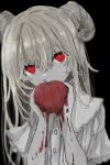  1girl absurdres apple black_background blonde_hair blood blood_on_arm blood_on_hands bright_pupils commentary crossed_bangs dress eating food frilled_dress frills fruit hair_between_eyes highres holding holding_food holding_fruit horns long_hair looking_at_viewer muted_color okome_0216 original red_eyes sheep_horns short_sleeves sidelocks simple_background solo spot_color straight-on upper_body white_dress white_pupils 